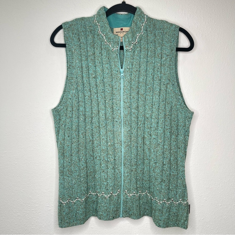 Womens‎ Woolrich Full Zip Sweater Vest Wool Blend Blue Green Aquamarine Large